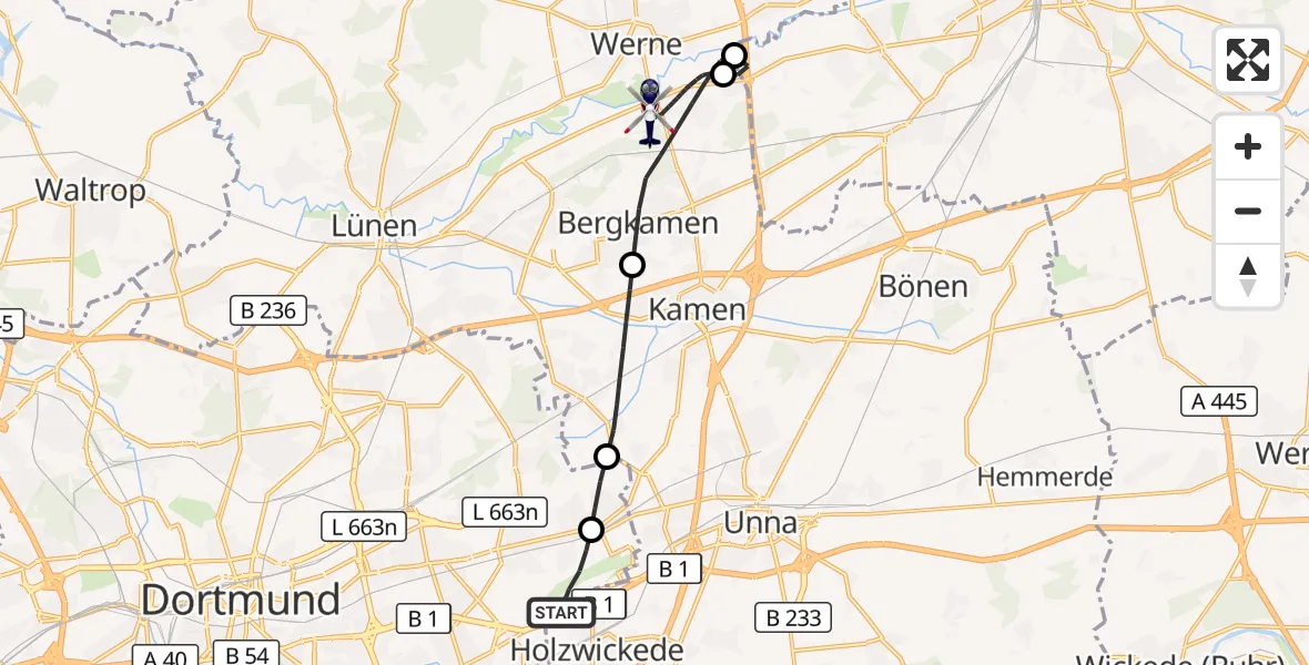 Flugroute Polizeihubschrauber Dortmund Flughafen - Bergkamen, 30 Juni 2026, 22:52