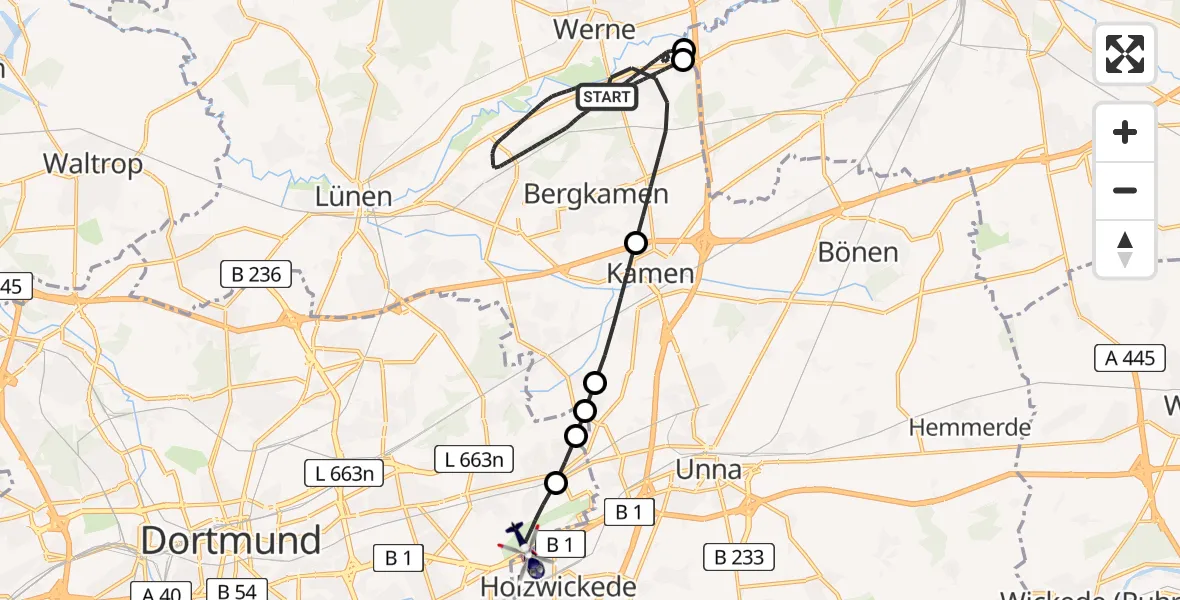Flugroute Polizeihubschrauber Bergkamen - Dortmund Flughafen, 30 Juni 2026, 23:04
