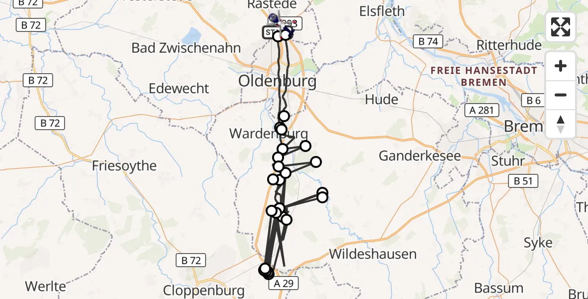 Flugroute Polizeihubschrauber Rastede - Oldenburg Police Hubschrauberlandeplatz, 01 Juli 2026, 00:38