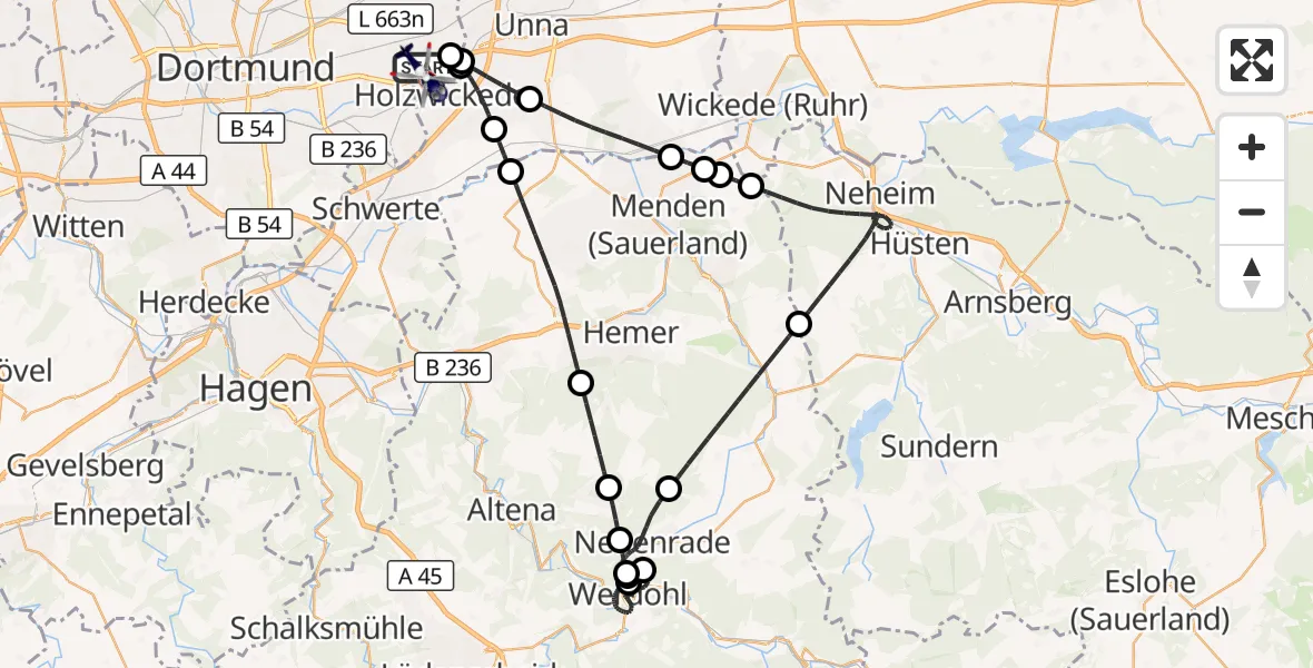 Flugroute Polizeihubschrauber Dortmund Flughafen - Dortmund Flughafen, 01 Juli 2026, 00:54