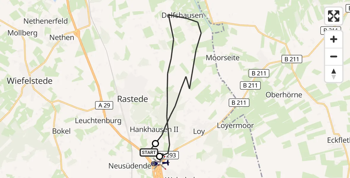 Flugroute Polizeihubschrauber Oldenburg Police Hubschrauberlandeplatz - Rastede, 01 Juli 2026, 01:40