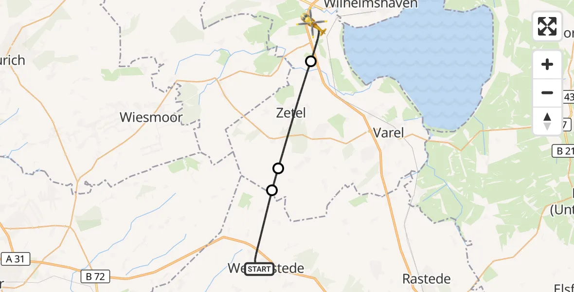 Flugroute Rettungshubschrauber Westerstede - Sande, 01 Juli 2026, 01:49