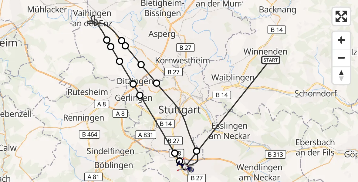 Flugroute Polizeihubschrauber Winnenden - Flughafen Stuttgart, 01 Juli 2026, 01:52
