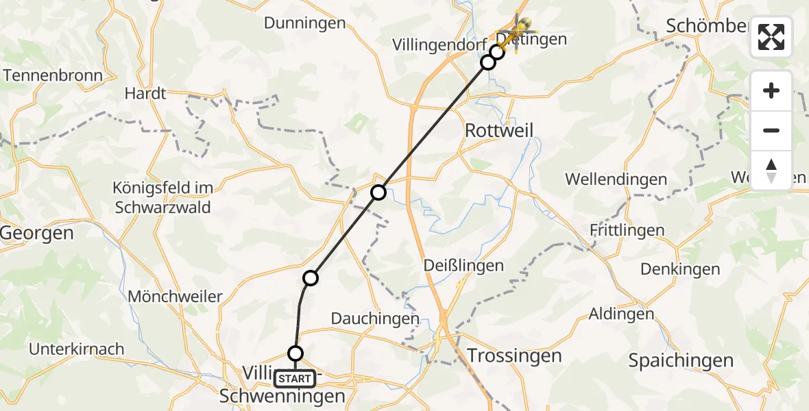Flugroute Ambulanzhubschrauber DRF Air Rescue Station Villingen-Schwenningen Hubschrauberlandeplatz (Christoph 11) - Dietingen, 01 Juli 2026, 04:29