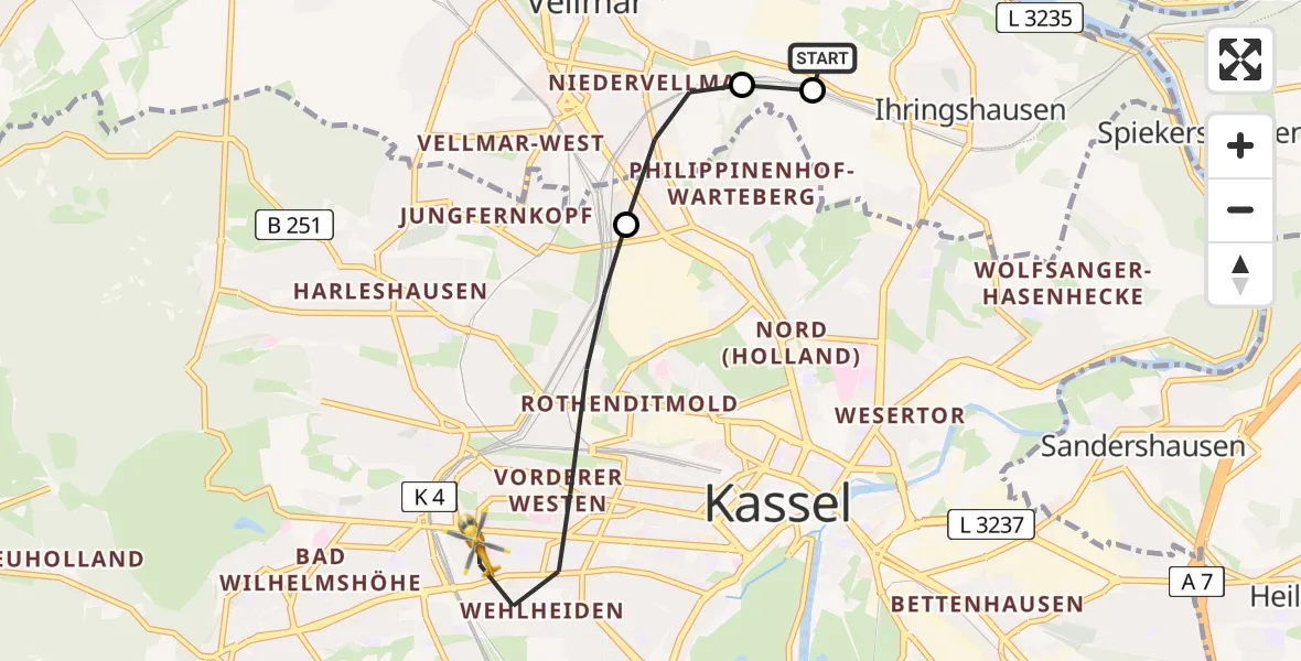 Flugroute Rettungshubschrauber Fuldatal Bundespolizei Hubschrauberlandeplatz - Kassel, 01 Juli 2026, 05:05