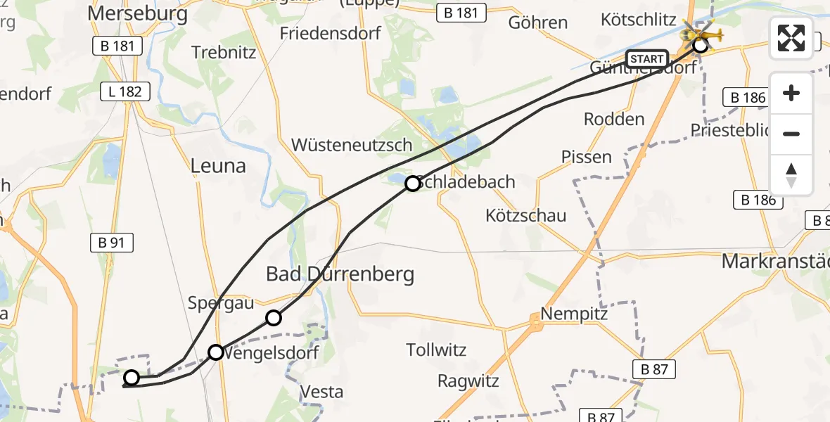 Flugroute Rettungshubschrauber Leuna - ADAC Air Rescue Station Leipzig/Schkeuditz-Dölzig Hubschrauberlandeplatz (Christoph 61), 01 Juli 2026, 05:22