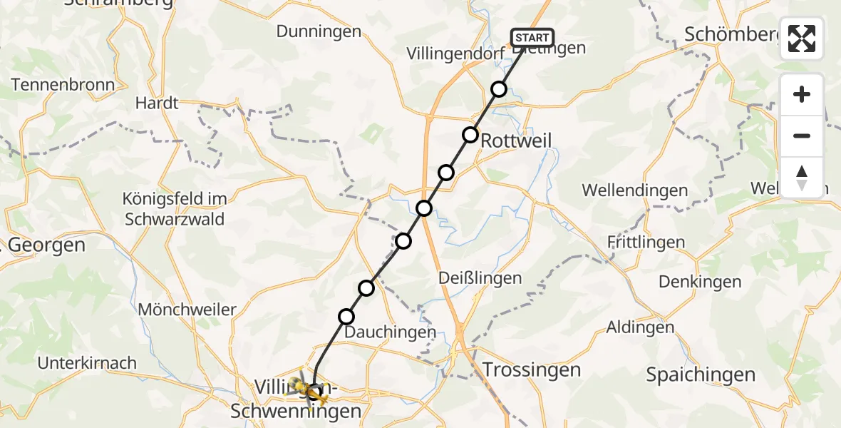 Flugroute Ambulanzhubschrauber Dietingen - DRF Air Rescue Station Villingen-Schwenningen Hubschrauberlandeplatz (Christoph 11), 01 Juli 2026, 05:29