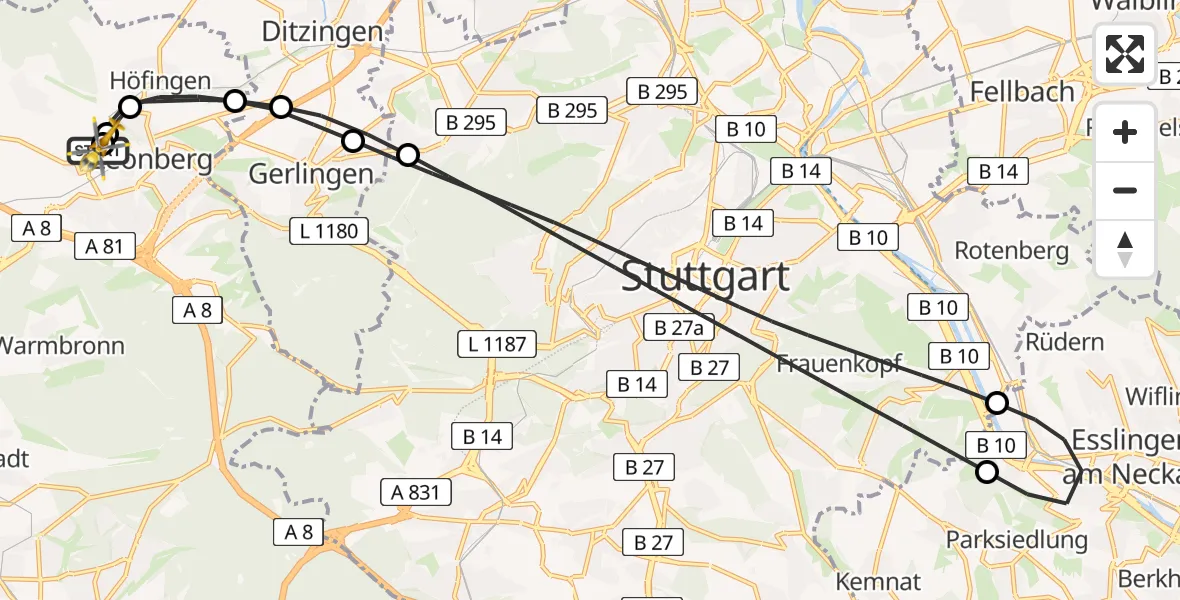 Flugroute Rettungshubschrauber Leonberg Hospital - Leonberg Hospital, 01 Juli 2026, 05:52