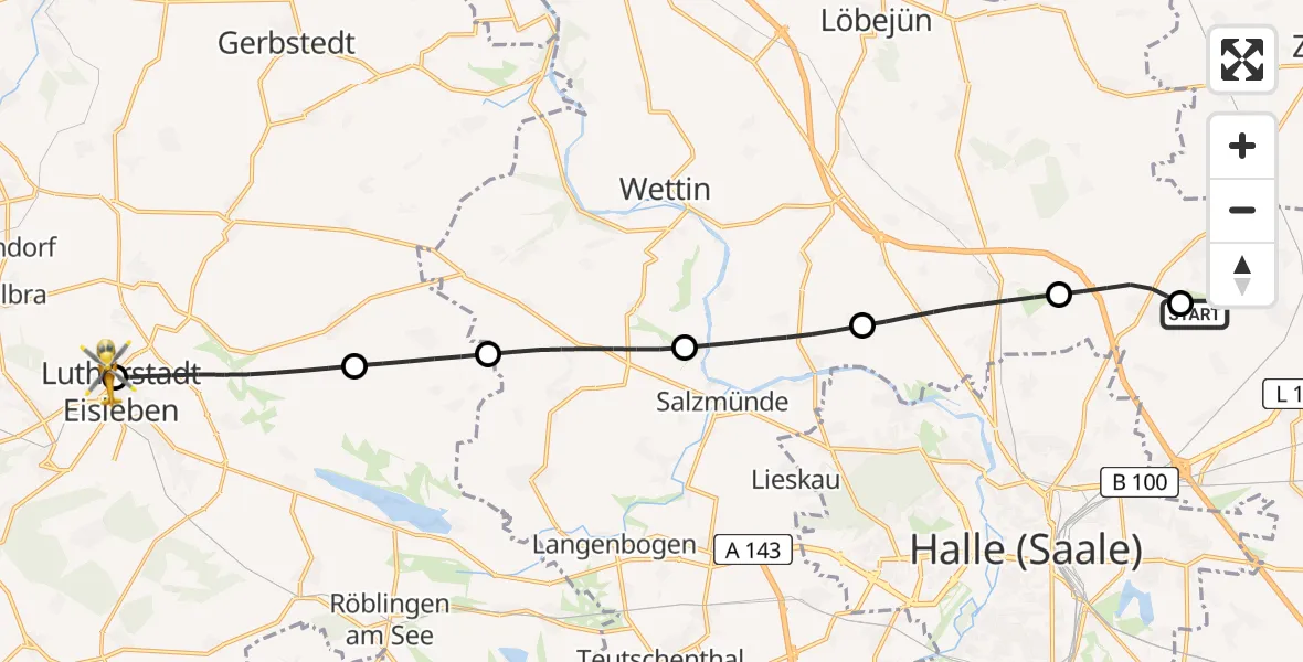 Flugroute Rettungshubschrauber Halle-Oppin Flugplatz - Helios Hospital Lutherstadt Eisleben, 01 Juli 2026, 05:59