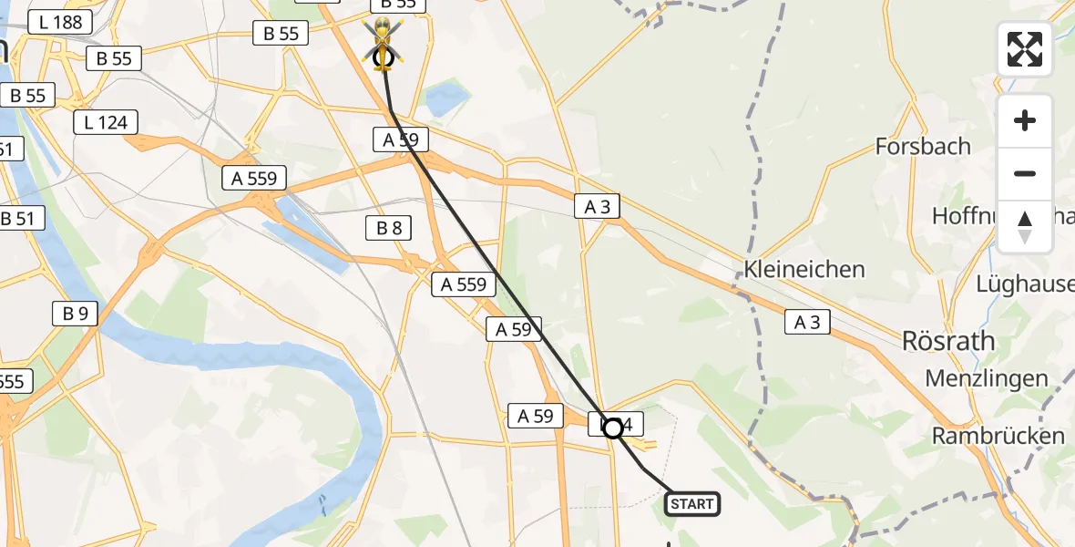 Flugroute Ambulanzhubschrauber Köln Bonn Flughafen - Merheim Hospital, 01 Juli 2026, 06:00