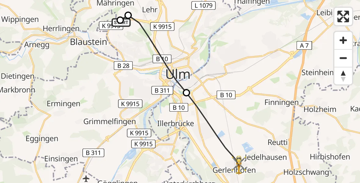 Flugroute Rettungshubschrauber Ulm Military Hospital Emergency - Neu-Ulm, 01 Juli 2026, 06:02