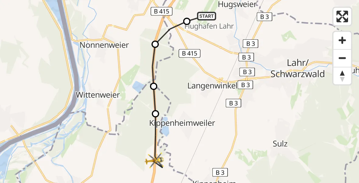 Flugroute Rettungshubschrauber Lahr Flughafen - Mahlberg, 01 Juli 2026, 06:17