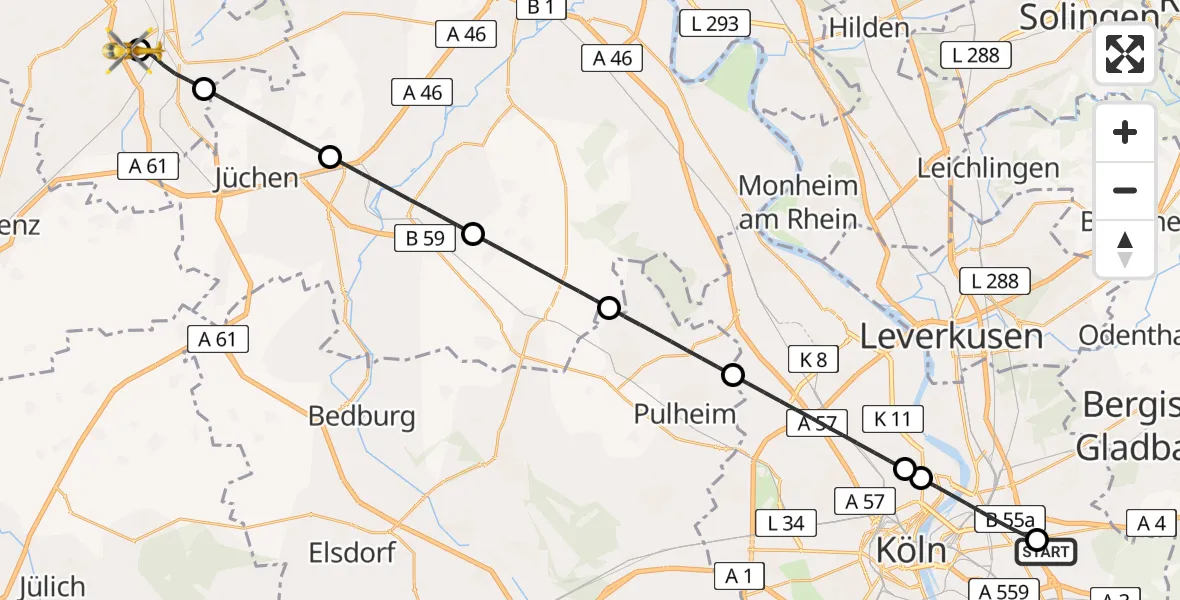 Flugroute Ambulanzhubschrauber Merheim Hospital - Elisabeth Hospital Rheydt, 01 Juli 2026, 06:18