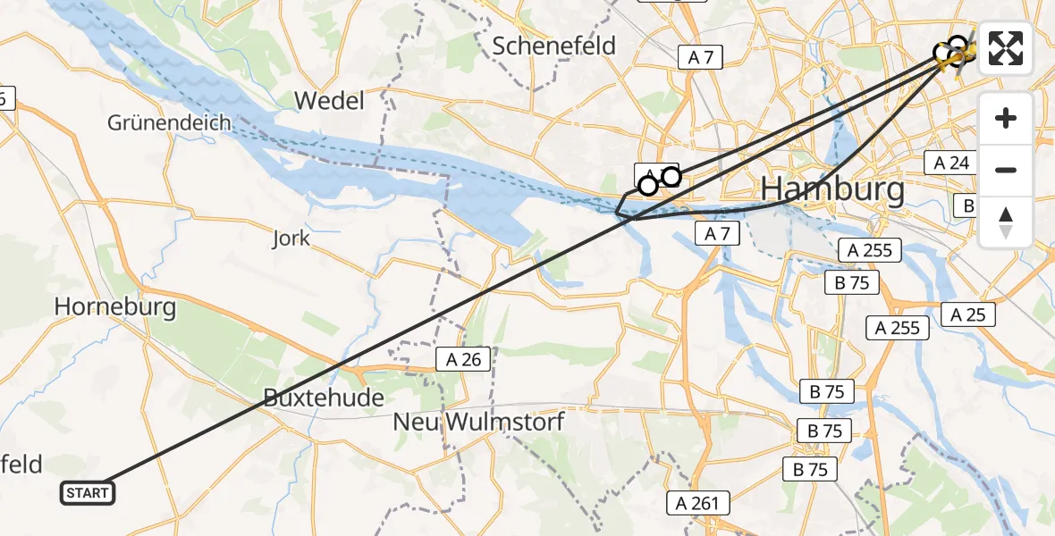Flugroute Rettungshubschrauber Harsefeld - Hamburg Military Hospital, 01 Juli 2026, 06:24