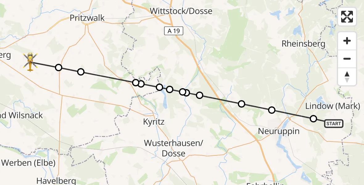 Flugroute Rettungshubschrauber Lindow (Mark) - Plattenburg, 01 Juli 2026, 06:28