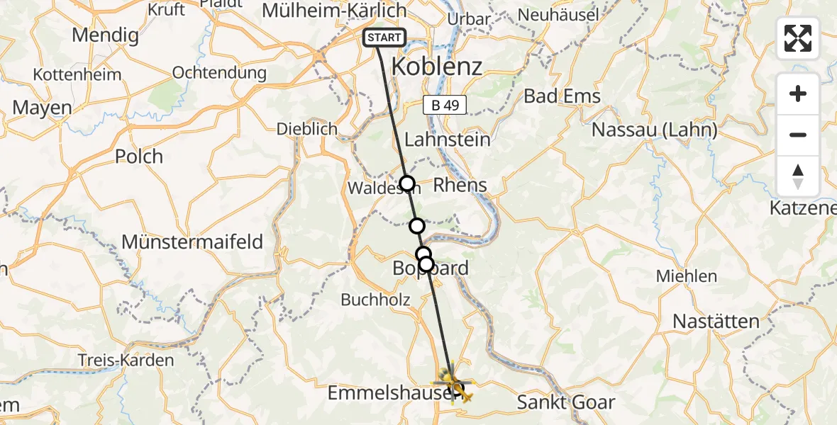 Flugroute Rettungshubschrauber Koblenz - Karbach, 01 Juli 2026, 06:42
