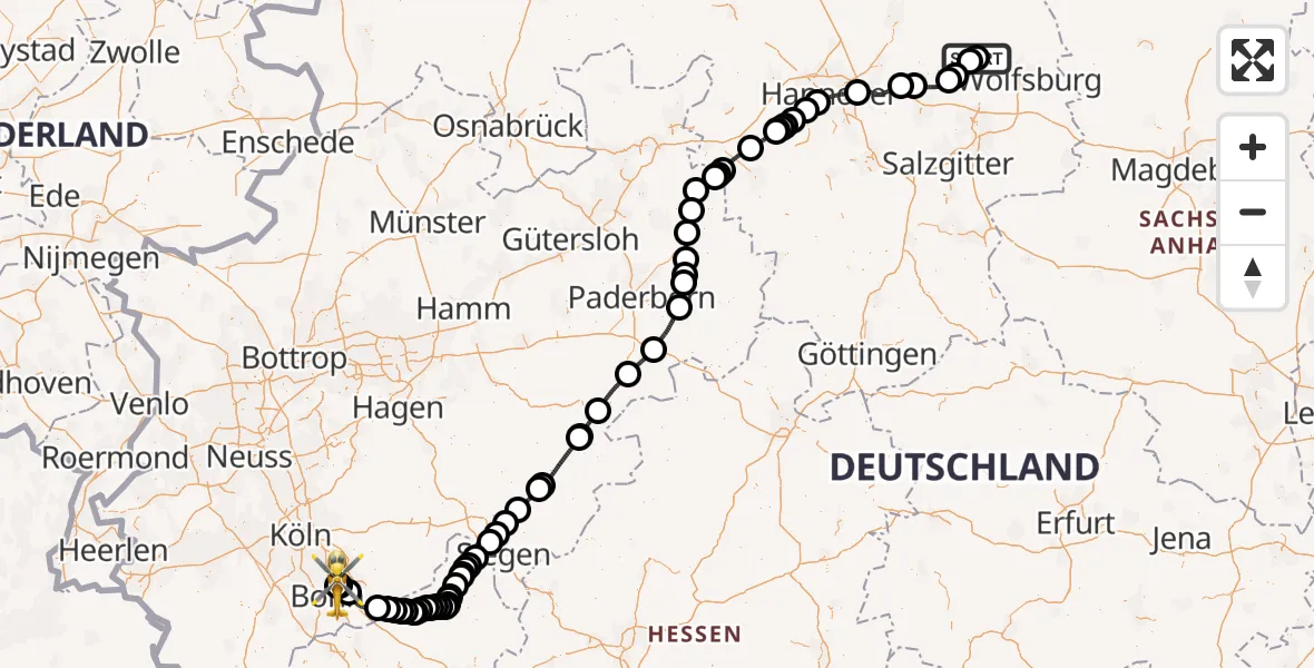 Flugroute Rettungshubschrauber Gifhorn Bundespolizei Hubschrauberlandeplatz - Sankt Augustin, 01 Juli 2026, 06:45
