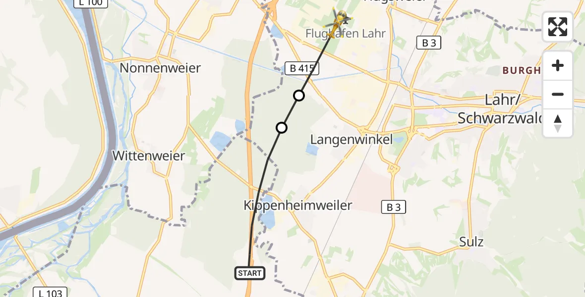 Flugroute Rettungshubschrauber Mahlberg - Lahr/Schwarzwald, 01 Juli 2026, 06:47