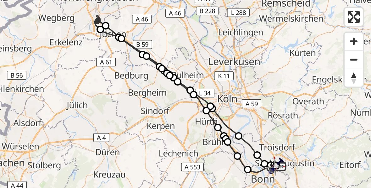 Flugroute Polizeihubschrauber Bonn-Hangelar Flugplatz - Sankt Augustin, 01 Juli 2026, 06:48