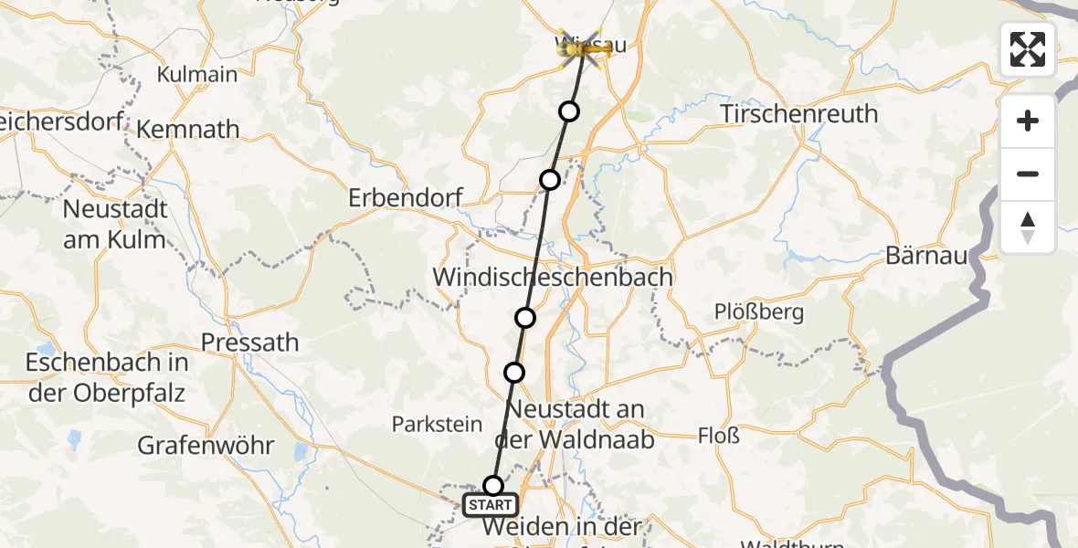Flugroute Rettungshubschrauber Weiden i.d.OPf. - Wiesau, 01 Juli 2026, 06:51