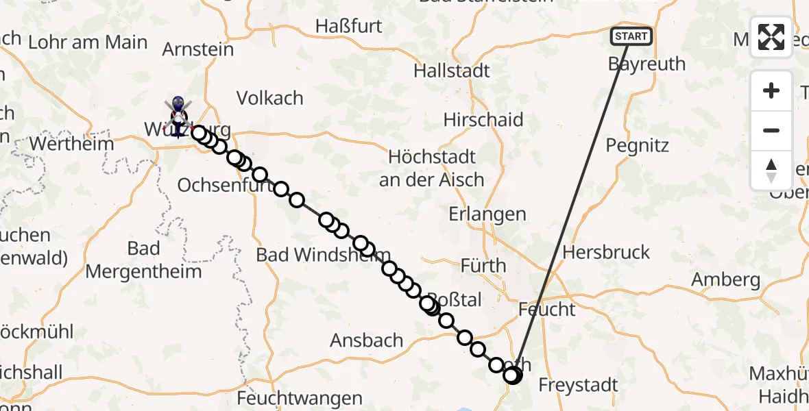 Flugroute Polizeihubschrauber Neudrossenfeld - Würzburg-Schenkenturm Flugplatz, 01 Juli 2026, 06:56