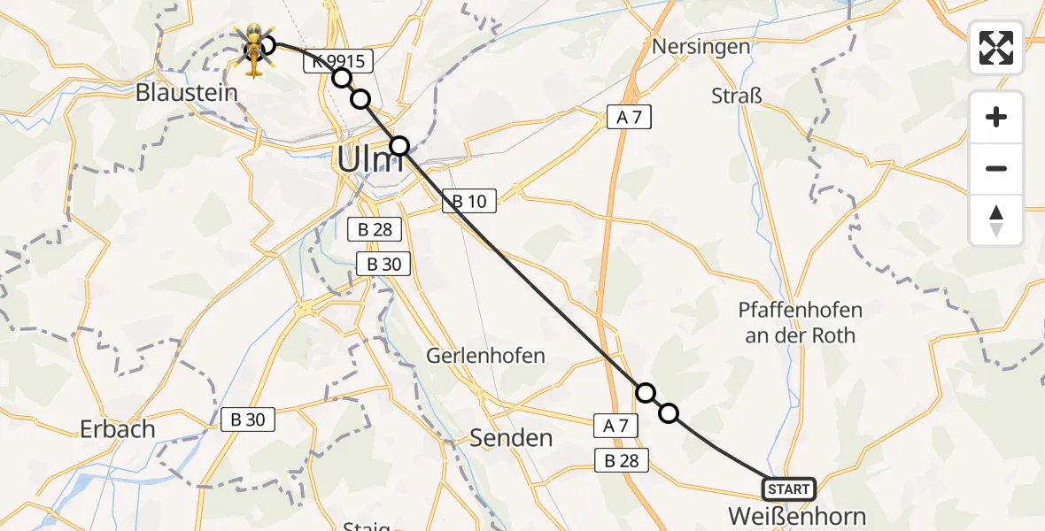 Flugroute Rettungshubschrauber Weißenhorn - ADAC Air Rescue Station Ulm (Christoph 22), 01 Juli 2026, 06:57
