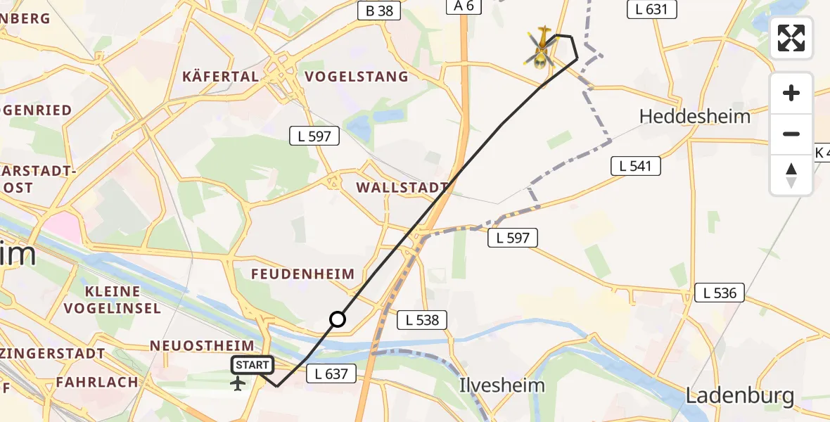 Flugroute Rettungshubschrauber Mannheim-City Flughafen - Mannheim, 01 Juli 2026, 06:58