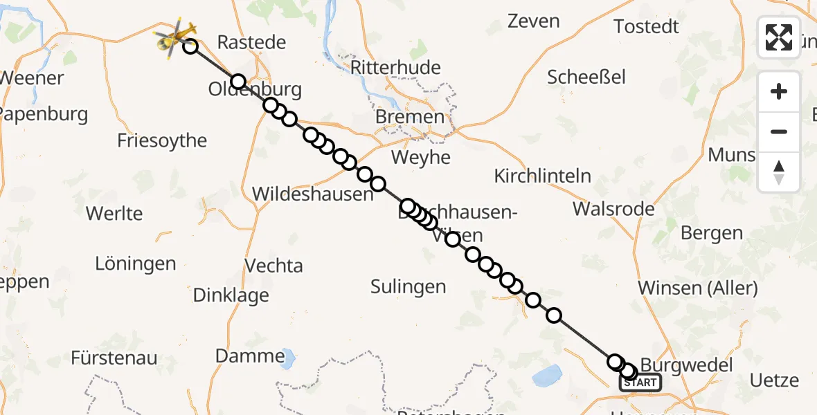 Flugroute Rettungshubschrauber Flughafen Hannover - Westerstede, 01 Juli 2026, 07:05