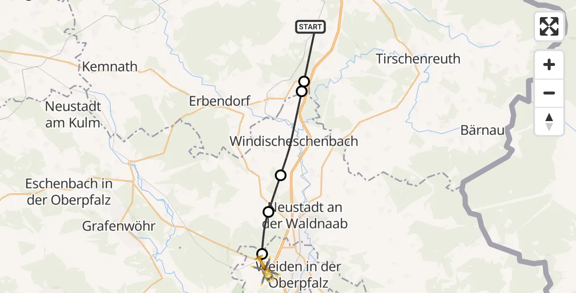 Flugroute Rettungshubschrauber Wiesau - Weiden in der Oberpfalz Flugplatz, 01 Juli 2026, 07:29