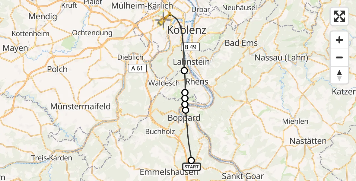 Flugroute Rettungshubschrauber Karbach - Koblenz, 01 Juli 2026, 07:31