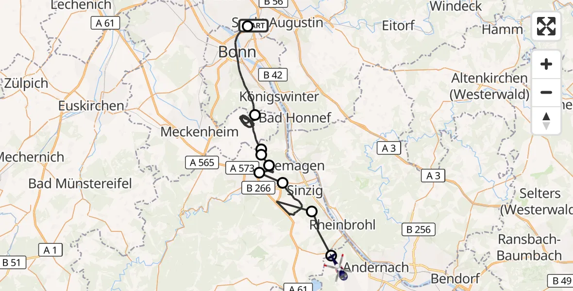 Flugroute Polizeihubschrauber Sankt Augustin - Andernach, 01 Juli 2026, 07:36