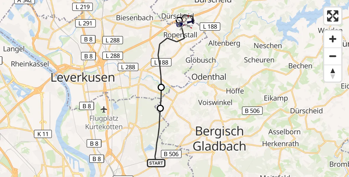 Flugroute Polizeihubschrauber Köln - Burscheid, 01 Juli 2026, 08:02