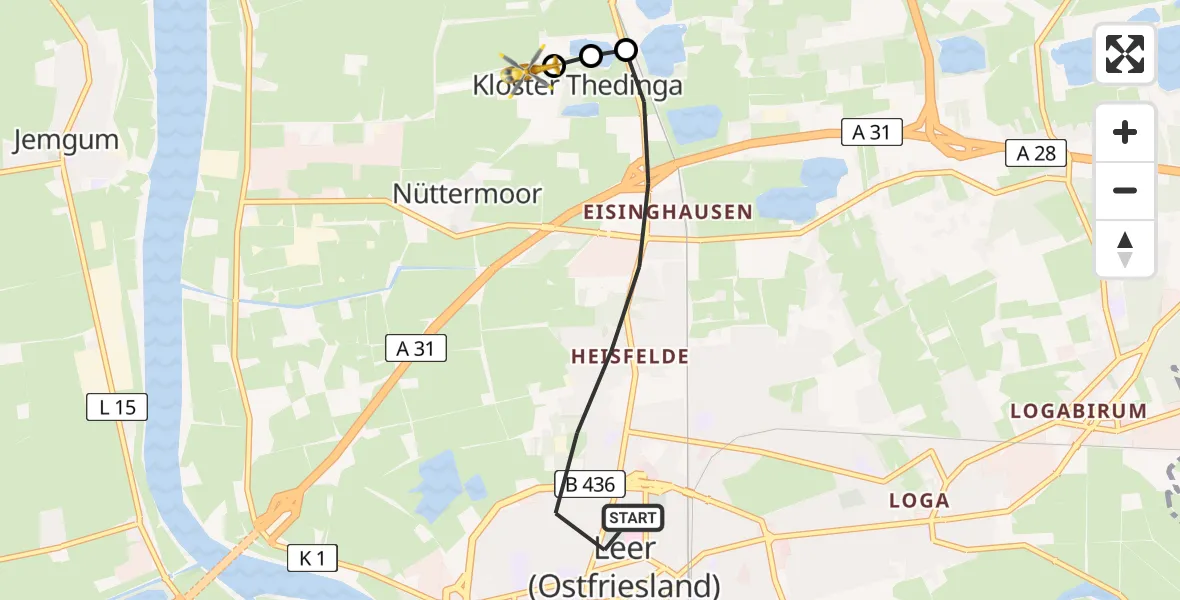 Flugroute Ambulanzhubschrauber Leer (Ostfriesland) - Flugplatz Leer-Papenburg, 01 Juli 2026, 08:03