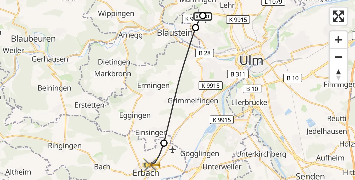 Flugroute Rettungshubschrauber Ulm Military Hospital Emergency - Erbach, 01 Juli 2026, 08:03