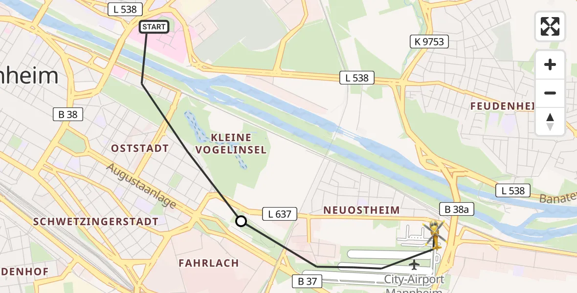 Flugroute Rettungshubschrauber Mannheim - Mannheim-City Flughafen, 01 Juli 2026, 08:09