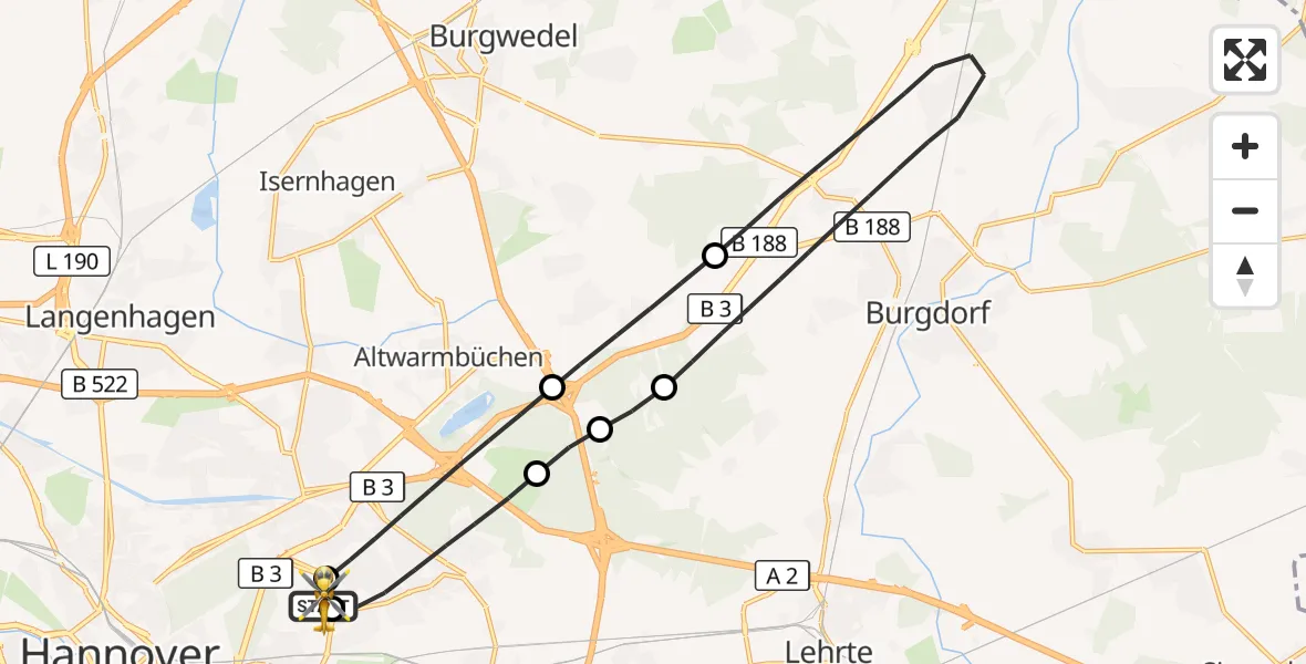 Flugroute Rettungshubschrauber Hannover Luftrettung Hubschrauberlandeplatz (Christoph 4) - Hannover Luftrettung Hubschrauberlandeplatz (Christoph 4), 01 Juli 2026, 08:14