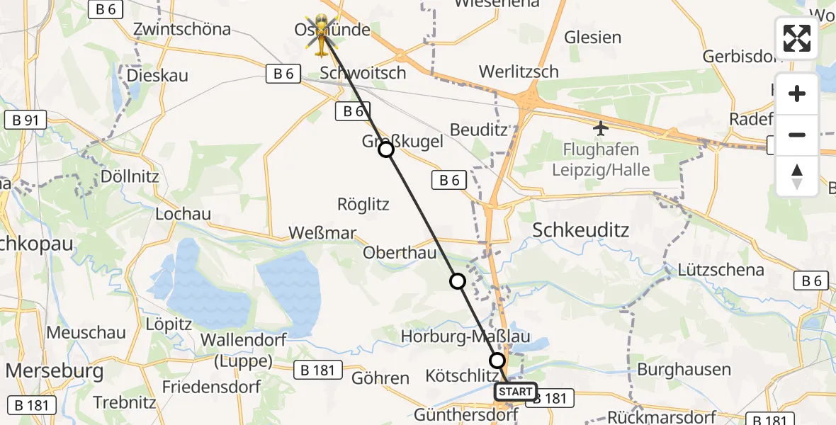 Flugroute Rettungshubschrauber ADAC Air Rescue Station Leipzig/Schkeuditz-Dölzig Hubschrauberlandeplatz (Christoph 61) - Kabelsketal, 01 Juli 2026, 08:15
