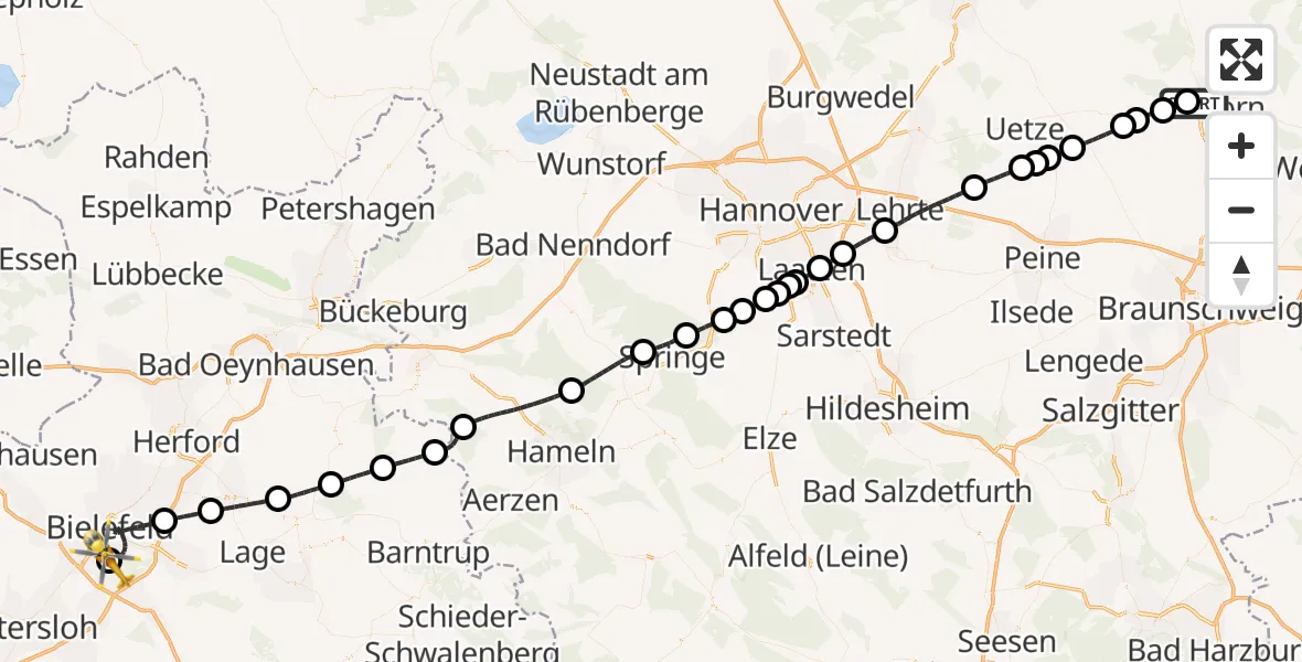 Flugroute Rettungshubschrauber Gifhorn Bundespolizei Hubschrauberlandeplatz - Luftrettungszentrum Bielefeld, 01 Juli 2026, 08:15