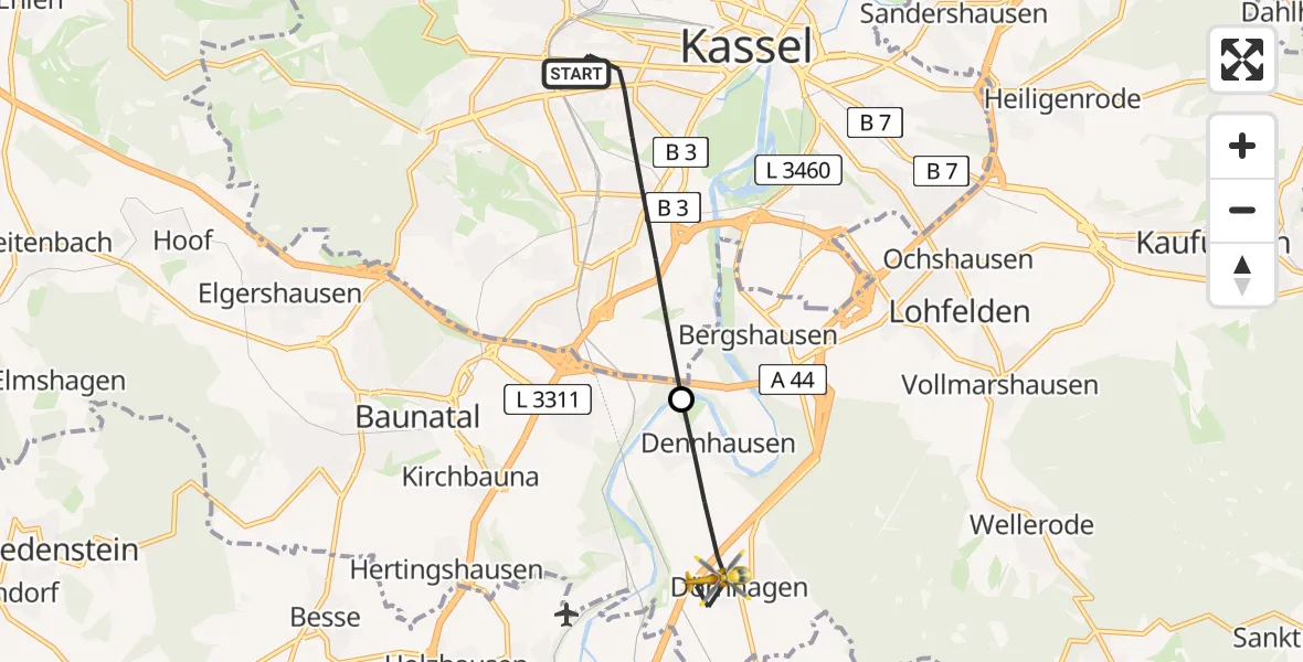 Flugroute Rettungshubschrauber Kassel - Fuldabrück, 01 Juli 2026, 08:18