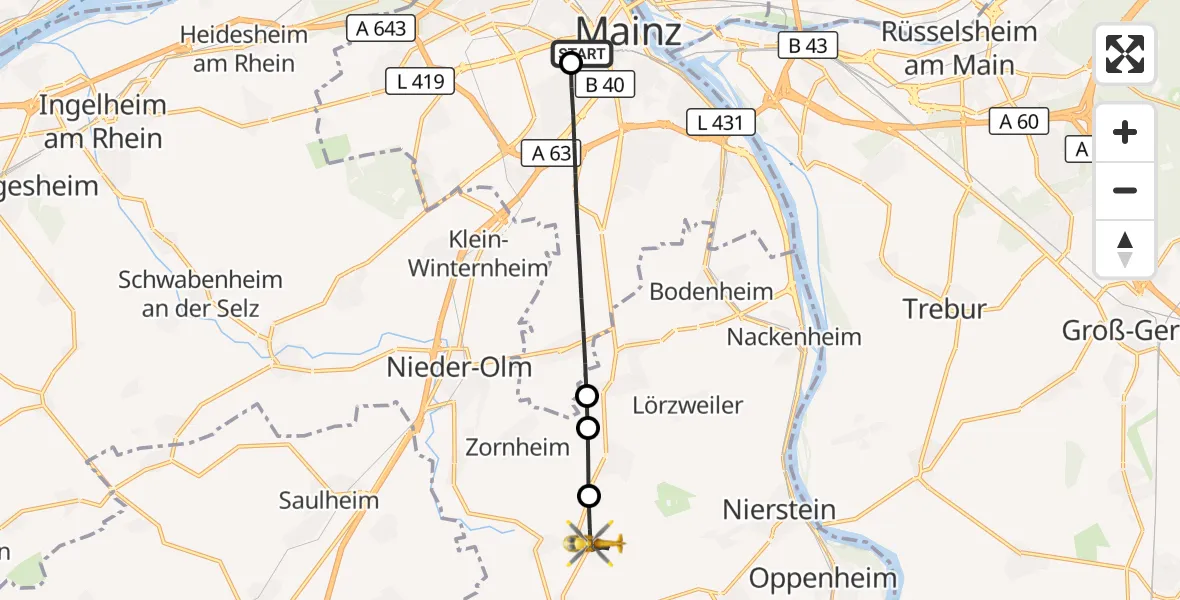 Flugroute Rettungshubschrauber Mainz University Hospital - Selzen, 01 Juli 2026, 08:20