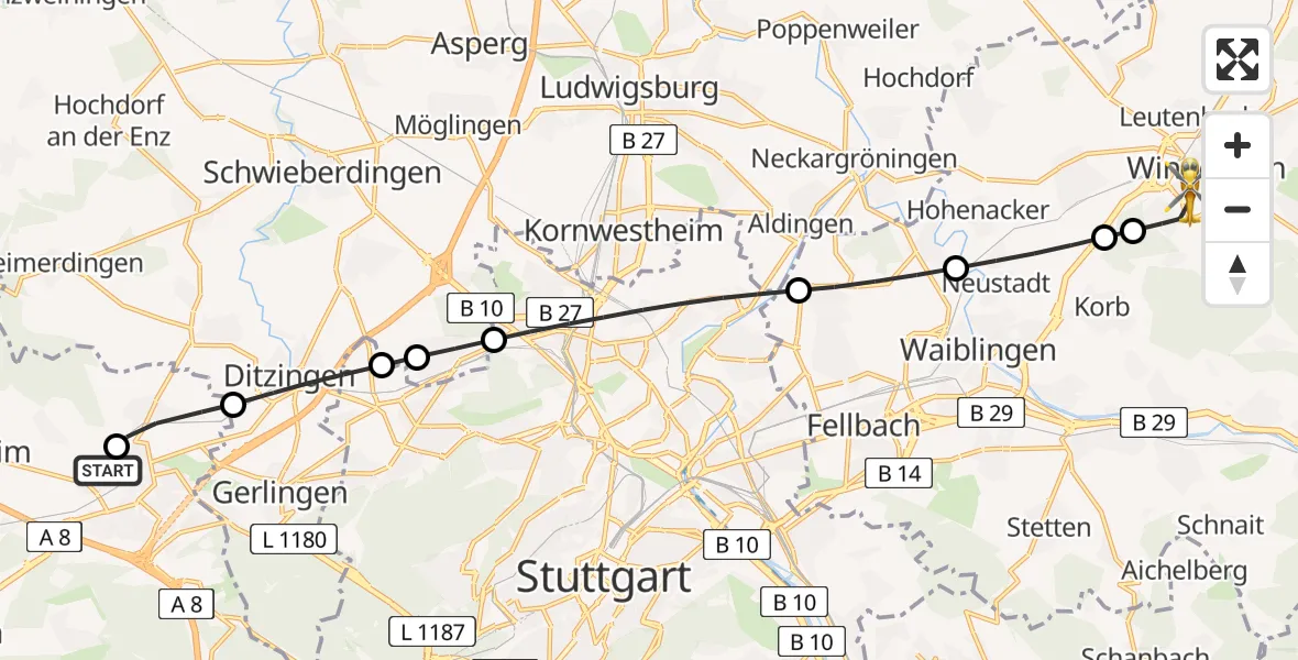 Flugroute Rettungshubschrauber Leonberg Hospital - Winnenden, 01 Juli 2026, 08:21
