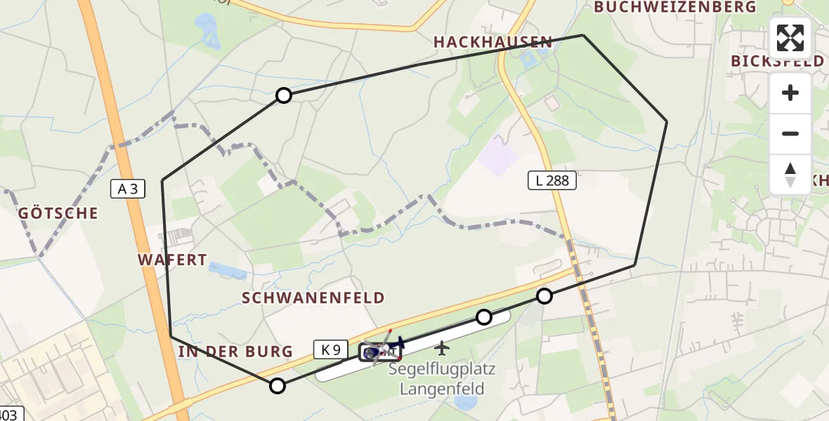 Flugroute Polizeihubschrauber Langenfeld-Wiescheid Flugplatz - Langenfeld-Wiescheid Flugplatz, 01 Juli 2026, 08:29
