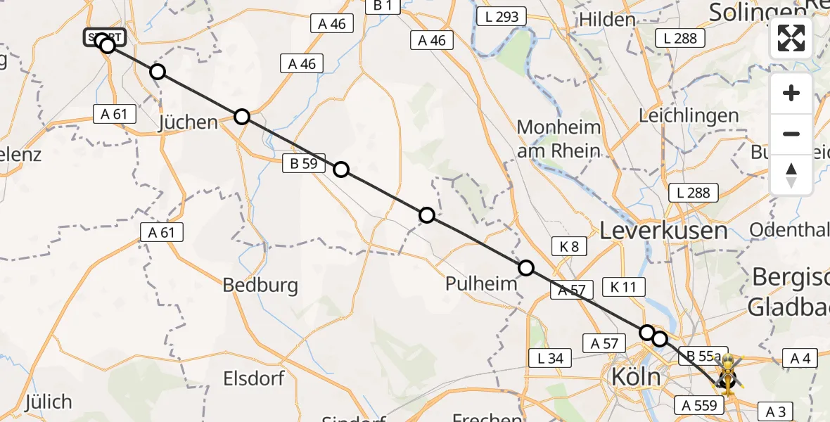Flugroute Ambulanzhubschrauber Elisabeth Hospital Rheydt - Merheim Hospital, 01 Juli 2026, 08:31