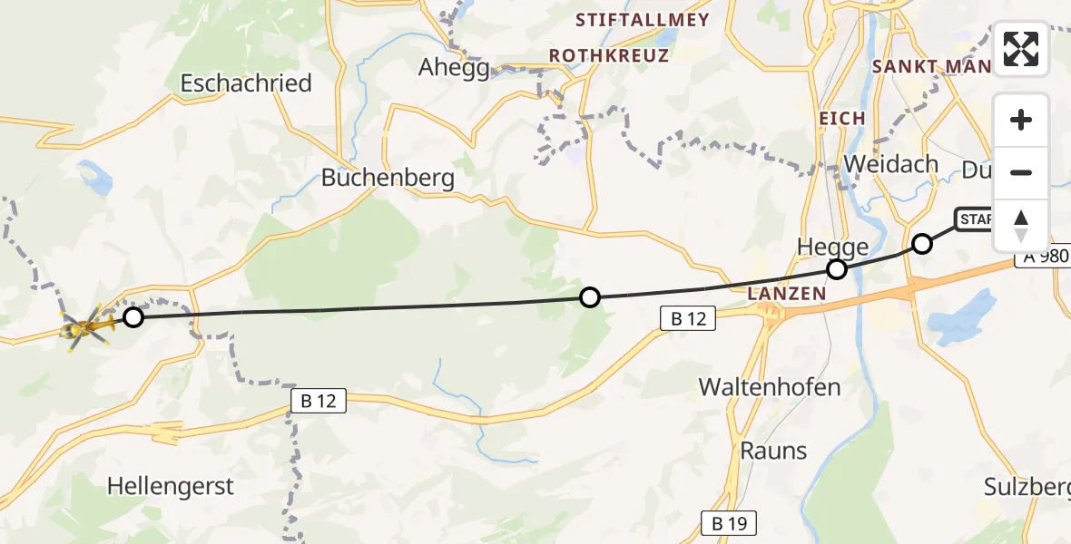 Flugroute Rettungshubschrauber Kempten-Durach Flugplatz - Weitnau, 01 Juli 2026, 08:40