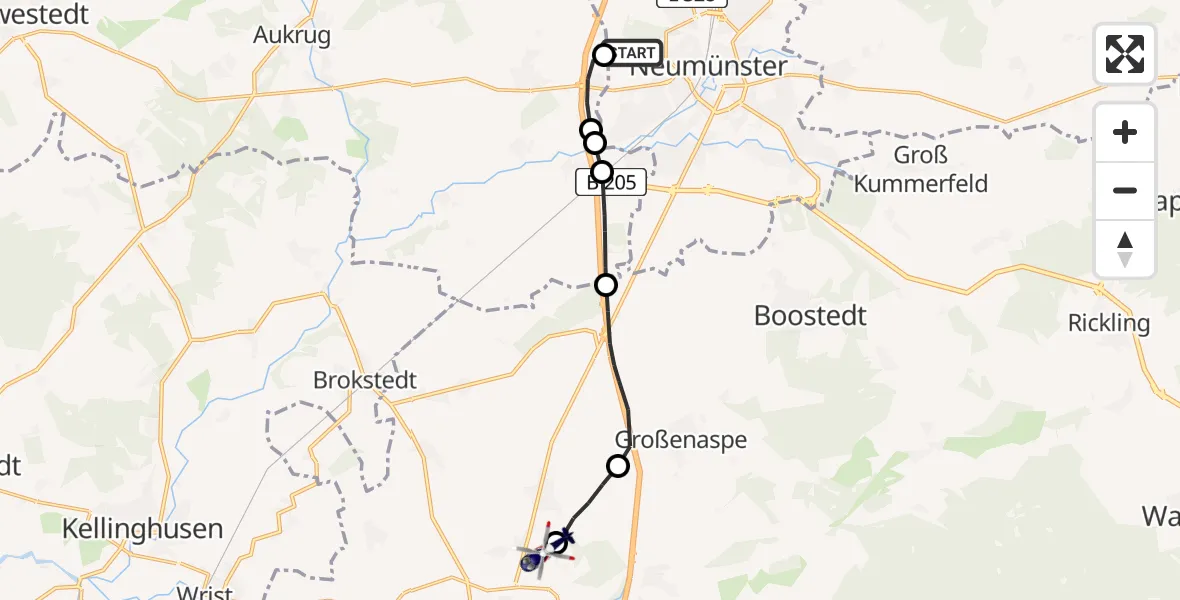 Flugroute Polizeihubschrauber Neumünster Flughafen - Bad Bramstedt Hubschrauberlandeplatz, 01 Juli 2026, 08:41