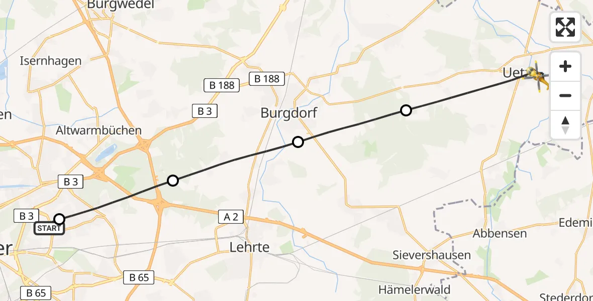 Flugroute Rettungshubschrauber Hannover Luftrettung Hubschrauberlandeplatz (Christoph 4) - Uetze, 01 Juli 2026, 08:50