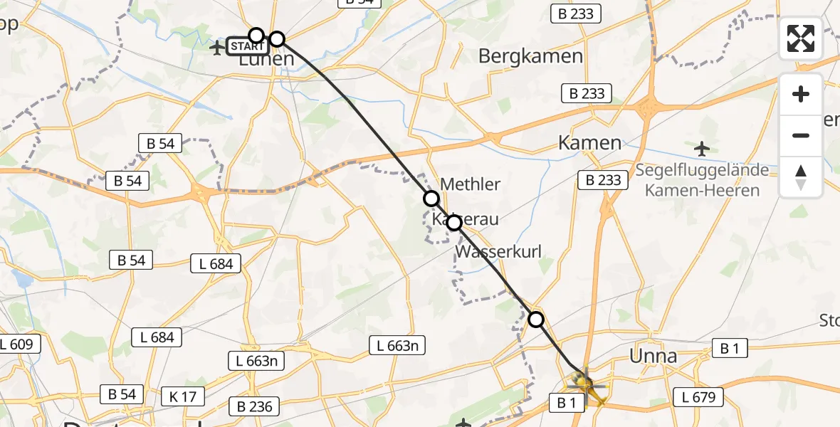 Flugroute Rettungshubschrauber Sankt Marien Hospital - Unna, 01 Juli 2026, 08:55