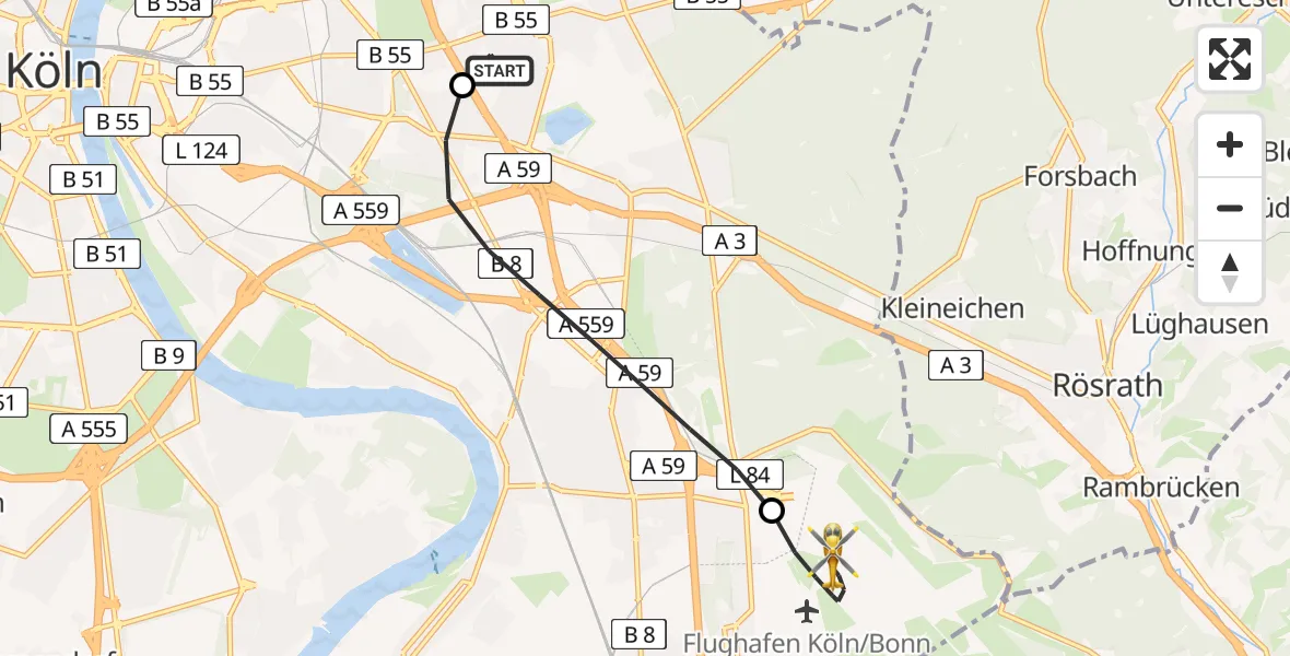 Flugroute Ambulanzhubschrauber Merheim Hospital - Köln Bonn Flughafen, 01 Juli 2026, 08:58