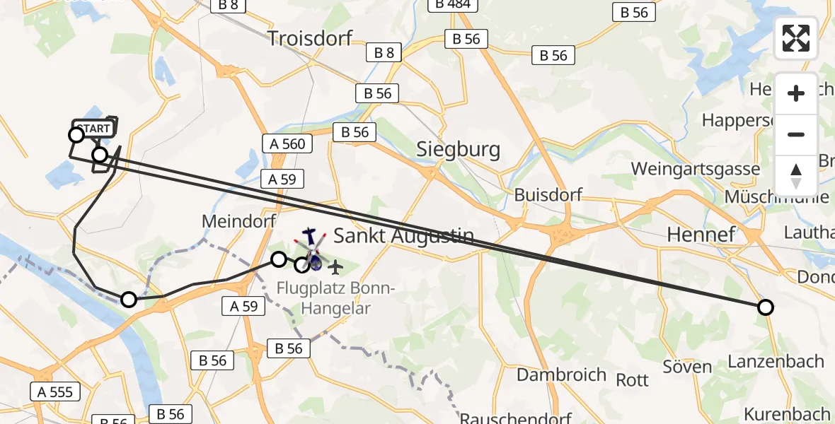 Flugroute Polizeihubschrauber Troisdorf - Bonn-Hangelar Flugplatz, 01 Juli 2026, 09:00