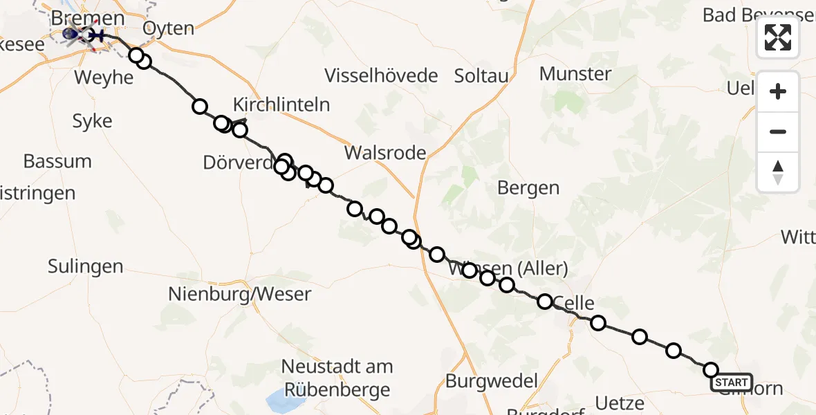 Flugroute Polizeihubschrauber Gifhorn - Flughafen Bremen, 01 Juli 2026, 09:00